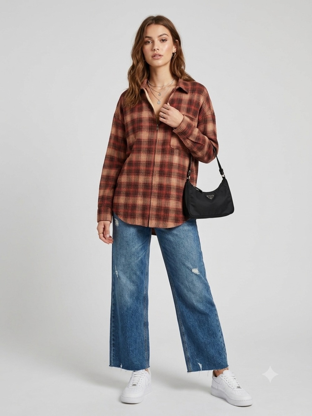 Full Zip Plaid Flannel Shirt Long Sleeve Red Brown Shacket Oversized Top Sz Larg - Picture 1 of 11